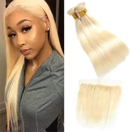 Brasilianska Virgin Hair Extensions 3 Bundlar med 13 * 4 Lace Frontal 613 Straight Huamn Hair 4 stycken / lot buntar med 13x4 frontal pre plocked