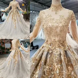 Robe de Mariage Gold Stickerei Luxus High Hals A-Line Brautkleider 2019 Saudi Arabian Dubai Lace Up Lange Ärmel Muslimische Brautkleider