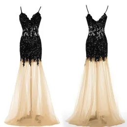 Svart Champagne Special Occasion Klänningar Kvinnor Spaghetti V-Neck Lace Tulle Mermaid Prom Klänningar Evening Kappor Formell Lång Billiga Plus Storlek