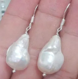 12x18mm genuina Natural blanco barroco perla KESHI 925 pendientes de la plata esterlina