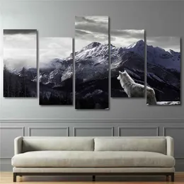 Cool hd prints kanfas väggkonst vardagsrum heminredning bilder 5 stycken snö berg platå varg målningar djur affischer ramar