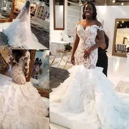 2020 Plus Size Lace Ruffles Tiered Long Train Bride Mermaid Wedding Gown Elegant Illusion Long Sleeve African Mermaid Wedding Dresses