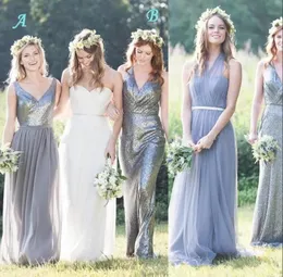 2018 Sexy Country Sequined Bridesmaid Dresses Sequins V-Neck Halter Ärmlös Arabisk A-Line Chiffon Tulle Long Backless Maint of Honor Gowns