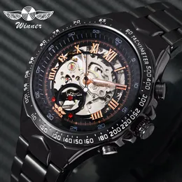 Zwycięzca Oficjalne męskie zegarki Top Automatyczny zegarek mechaniczny Mężczyźni Szkielet Dial Stal Stal Band Hip Hop Wristwatch