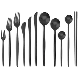 JANKNG 6Pcs Black Stainless Steel Dinnerware Sets Forks Knives Chopsticks Little Spoon for Coffee Tea Milk Kitchen Tableware Party Accessory