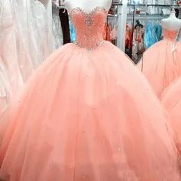 Custom Made Cheap Girls Sweet 15-16 Debutantes Dresses Ball Gowns Sweetheart Corset Peach Tulle Beaded Neck Prom Gowns Quinceanera Dresses