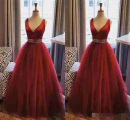 Vestidos de baile vermelho escuro elegantes vistos de pescoço com cintura de pescoço comprimento do chão Plus Tamanho Tulle Custom Made Formal Evening Party Wear 403