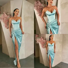 Blue Sexy Mermaid Prom Dresses Satin Sweetheart High Split Wzburzyć Peplum Suknia Wieczorowa Party Red Carpet Formal Wear Ogstuff Roles de Soirée