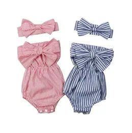 Baby Girls Clothes Kids Bow Striped Rompers Headband Clothing Sets Summer Off-Shoulder Jumpsuit Hairband Outfits Triangle Onesies CYP451