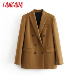 Tangada women brown solid double breasted suit jacket designer office ladies blazer pockets work wear tops 3H42 LY191123
