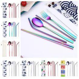 hot 7 Pieces Portable Dinnerware Straw Set Korean Cutlery Set Stainless Steel Tableware Set Kitchen Tools With Cloth bag FlatwareT2I5219