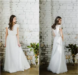 Nowe dwa kawałki sukienki ślubne Linia Jewel Neck krótki rękaw Boho Suknia ślubna niestandardowa podłoga Elegancka Vestidos de novia 759