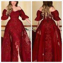 Aso Ebi 2020 Arabski Burgundy Luksusowe Sexy Suknie Wieczorowe Koronki Zroszony Prom Dresses Osłona Party Formalna Party Druga Recepcja ZJ206