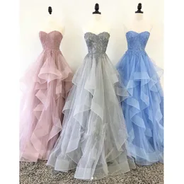 Blue Pink Gray Custom Made Evening Party Prom Dresses Ruffle Tulle Spaghetti V-neck Open Back Bridesmaid Homecoming Dress Evening Gowns Long