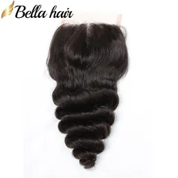 Fechos de renda HD de onda solta 100% brasileiros peruanos indianos da malaio Human Human Hair Fechamento 3 Parte 4x4 Cor natural de 8-26 polegadas Bella Hair