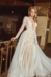 Calla Blanche 2019 Mermaid Wedding Dresses with detachable train V Neck Long Sleeves Lace Bridal Gowns Backless Beach Boho Wedding2359