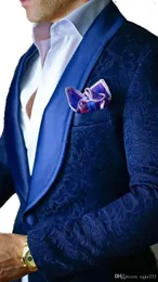 Yeni Moda Damat Smokin Groomsmen Mavi Paisley Şal Yaka Best Man Suit Düğün erkek Blazer Suits (Ceket + Pantolon) 5