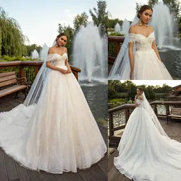 Glitter Ball Gown Bröllopsklänningar Av Skulder Luxury Sequins Lace Appliques Bridal Gowns Plus Size Beach Wedding Dress Robes de Mariée