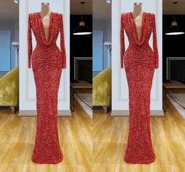 Middle East Plus Size Red Mermaid Prom Dresses Long for Women Sexy Deep V-Neck Sequins Long Sleeves Ruched Kaftan Evening Formal Wear Party Gowns Custom Made