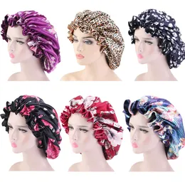 8 Kolory Satin Drukowane Czapki Nocne Hair Kapelusz Dla Naturalne Kręcone Włosy Elastyczne Kąpiel Sleep Women Head Cover Wrap Nowy