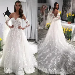 2020 New A Line Wedding Dresses with Removed Sleeve Sweetheart Lace Bridal Gowns Appliques Beads Court Train Backless Wedding Dress Custom