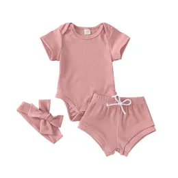 3pcs Fashion New Baby Girls Clothes Newborn Baby Solid Short Sleeve Bodysuits Shorts Headband Set Infant Toddler Outfits 1-3T