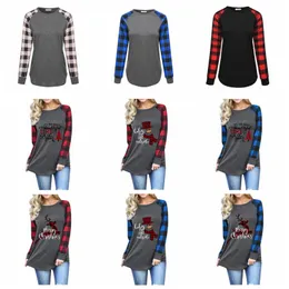 Kvinnor Plaid Christmas T-shirt Plus Size Xmas Tops Elk Long Sleeve Shirts Letter Print Patchwork Tees Cotton Comance Blaus Neck Blusar D6823