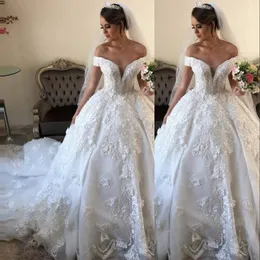 2023 Modern African A Line Wedding Dresses Off Shoulder Sweetheart Lace 3D Flowers Crystal Beads Formal Ball Gown Bridal Gowns Vestidos