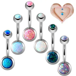 Bulkpartier 6 färger Dubbelrunda Opal Rostfritt Stål Smycken Navel Barer Silver Belly Button Ring Navel Body Piercing Smycken