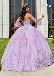 Encantador Applique Lilás Quinceanera Vestidos Ball Lace Plus Size Querida 16 Tulle Girl Prom Party Dress Juniors Vestidos Formais Cus186N