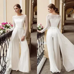 White Jumpsuits Beach Bohemian Long Sleeves A Line Wedding Dresses Lace Chiffon With Overskirts Bridal Gowns Pants Dress Vestidos De Novia