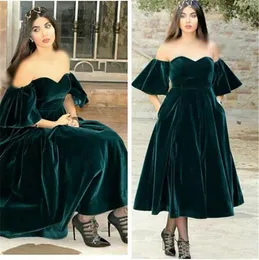 Dark Green Velvet Evening Dress Vestido De Festa Longo Plus Size Off The Shoulder Tea Length Prom Dresses SD3453