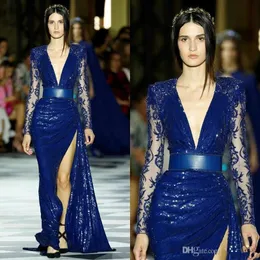 Zuhair Murad Long Sleeve Evening Dresses Blue Sequined Mermaid Illusion Thigh High Slit lace Prom Dress robes de soirée