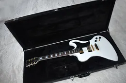 Gratis frakt! Partihandel ovanlig form vit elektrisk gitarr med hardcase, svart pickguard, guld hardwares, vit pärla fret inlay20190305