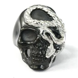 Gothic Two-tone Skull Ring Cool Men's Titanium Steel Jewelry Wicked Snake Skull Biker Punk Ring Size 7-14