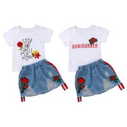 Dziewczyna dziewczyna białe koszulki + setki spódnicy dżinsowej Dzieci kwiatowe drukowanie nadruków + haft rose kwiatowy dziura dżinsowa spódnica ubrania ubrania