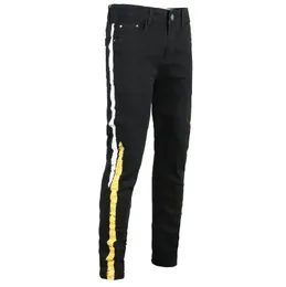 Męskie Skinny Designer Jean Black Side Stripe Biker Jeans Slim Elastyczne Hip Hop Spodnie Darmowa Wysyłka