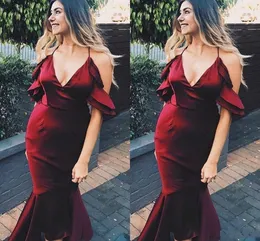 New Cheap Dark Red Sexy Mermaid Prom Dresses Long Halter Neck Backless Ruffles Floor Length Dresses Evening Wear Vestidos de fiesta largos