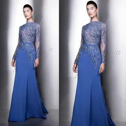 Ziad Nakad Cekiny Prom Dresses Blue Jewel Neck Długi Rękaw Syrenka Suknie Wieczorowe Sweep Sweet Dress
