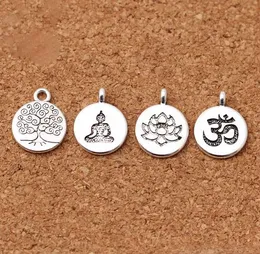 100st / lot tibetansk silverrundstag Lotus / Life Tree / Buddha Charms 15mm Metall Hängsmycken Smycken Tillbehör