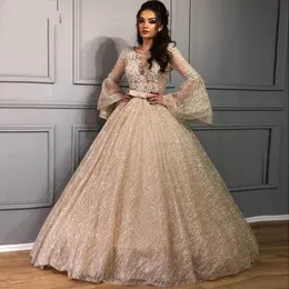 Glänsande Sequined Lace Ball Gown Prom Klänningar 2020 Ny Glitter Tulle Puffy Arabisk Aftonklänning Långärmad Special Occasion Pageant Grows