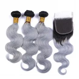 Brazilian Silver Grey Ombre Human Hair Weaves with Top Closure Body Wave 2Tone 1B/Grey Ombre 4x4 Lace Closure with 3Bundles 4Pcs Lot