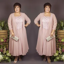 Nya vintage klänningar till brudens mor med kavaj Ankellängd Spetsapplikationer Chiffong Plus Size Bröllopsgästklänning Balaftonklänningar