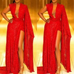 Rode Lovertjes Galajurken Met Pure Hals Een Schouder High Side Split Avondjurk Sexy Feestkleding robe de soireeCheap Gowns