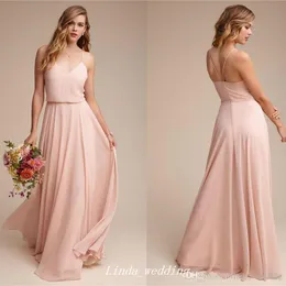 2019 Ny ankomst Backless Pink Formal Bridesmaid Dress Billiga V-Neck Long Spaghetti Straps Chiffon Maid of Honor Gown Plus Storlek Anpassad