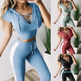 Partihandel-2018 Ny Tracksuit för kvinnor Yoga kostym Hooded Bandage Sexig Sport Fitness Crop Top Striped Löpande Leggings Workout Sport Set