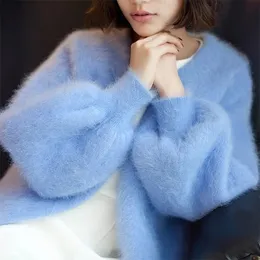 Blue Winte женская верхняя одежда норковый кашемир теплый мягкий кардиган модный синий открытый стежок фонарь с длинным рукавом шерстяное свободное толстое вязаное пальто