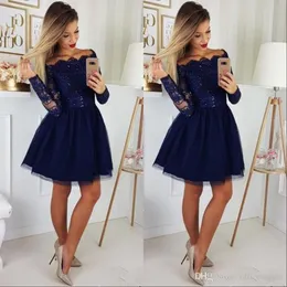 Simple A-line Sexy Homecoming Navy Blue Off Shoulder Long Sleeves Tulle Lace Applique Short Tail Party Dresses Vestidos