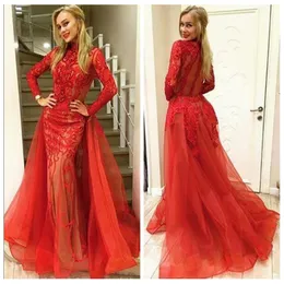 Wysoka Neck 2019 Długie Rękawy Syrenki Koronkowe Aplikacje Prom Dresses Tulle Red Evening Party Suknie Specjalne okazje Party S Gowns Sweep Pociąg