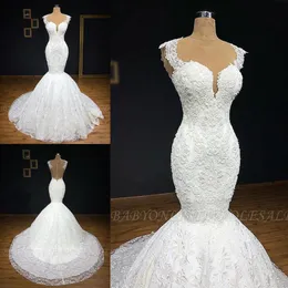 Biała elegancka elegancka pełna koronkowa sukienki ślubne syreny prawdziwy obraz rękaw Sheer szyi bez pleców ślubnych suknie ślubne z przyciskami pokrytymi na guziki